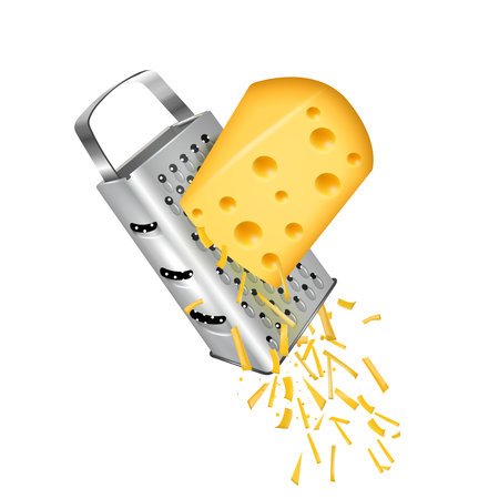 Piece of yellow cheese grated on a manual grater. Vector illustration isolated on white background.のイラスト素材