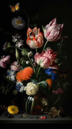 Beautiful bunch of colorful flowers on black background in vintage style. Festive flowers concept with copy space .Created with generative AIの写真素材
