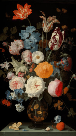 Beautiful bunch of colorful flowers on black background in vintage style. Festive flowers concept with copy space .Created with generative AIの写真素材