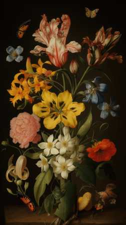 Beautiful bunch of colorful flowers on black background in vintage style. Festive flowers concept with copy space .Created with generative AIの写真素材