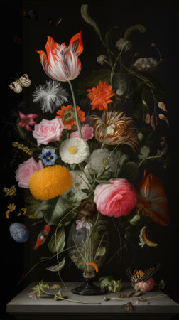 Beautiful bunch of colorful flowers on black background in vintage style. Festive flowers concept with copy space .Created with generative AIの写真素材