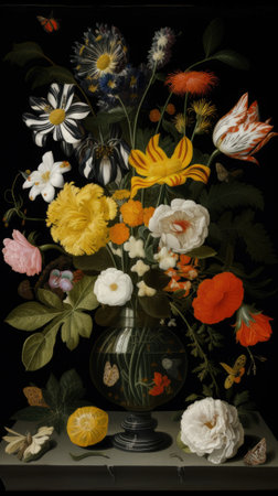 Beautiful bunch of colorful flowers on black background in vintage style. Festive flowers concept with copy space .Created with generative AIの写真素材
