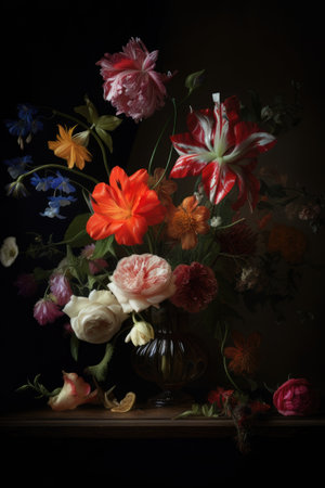 Beautiful bunch of colorful flowers on black background in vintage style. Festive flowers concept with copy space .Created with generative AIの写真素材