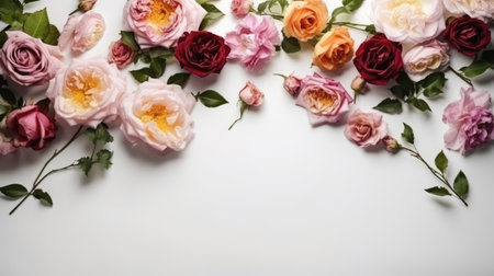 flower composition. Red poppy flowers on white marble background. flat lay. top view. wedding background. Festive concept. Created with generative AIの写真素材