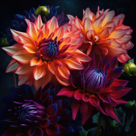 A beautiful open bud of a bright Astra flower on a black background .Created with generative AIの写真素材