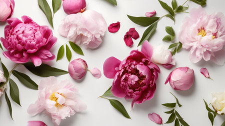 flower composition. Red poppy flowers on white marble background. flat lay. top view. wedding background. Festive concept .Created with generative AIの写真素材