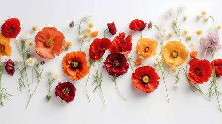 flower composition. Red poppy flowers on white marble background. flat lay. top view. wedding background. Festive concept .Created with generative AIの写真素材