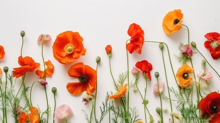 flower composition. Red poppy flowers on white marble background. flat lay. top view. wedding background. Festive concept .Created with generative AIの写真素材