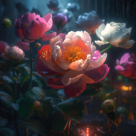 beautiful wild meadow flowers on nature dark background. Vintage outdoor photo .Created with generative AIの写真素材