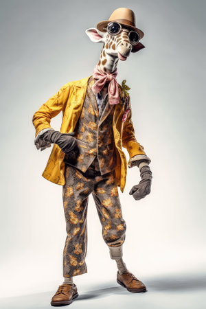 Anthropomorphic smiling giraffe dressed in vintage. Animals in clothes. People with heads of animals...Created with generative AIの写真素材