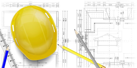 Yellow helmet, calculator, level and project drawingsのイラスト素材