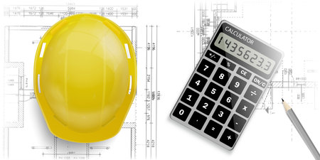 Yellow helmet, calculator, level and project drawingsのイラスト素材