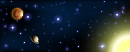 Concept of web banner. Magic color galaxy. Horizontal space background with realistic nebula, stardust and shining stars. Infinite universe and starry night sky.のイラスト素材