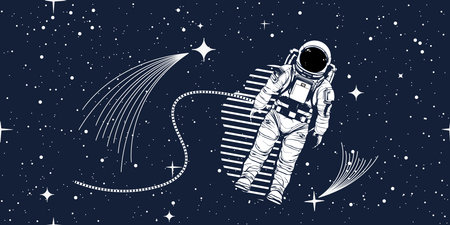 An astronaut flying in the starry sky. Space composition in sketch style.のイラスト素材