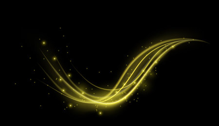 Abstract glowing background of bright yellow lines with glitter on black.のイラスト素材
