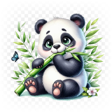 Panda, a teddy bear with bamboo. Illustration on a transparent background.のイラスト素材