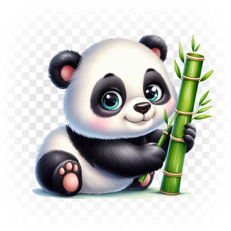 Panda, a teddy bear with bamboo. Illustration on a transparent background.のイラスト素材