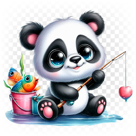 Panda, a teddy bear with a fishing rod. Illustration on a transparent background.のイラスト素材