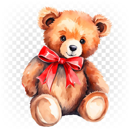 Cute teddy bear, brown bear toy with red bow.のイラスト素材
