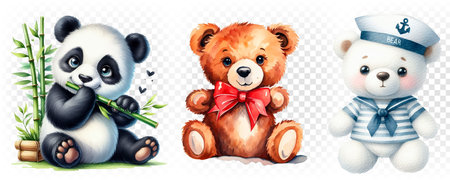set of teddy bears and ribbon, cute teddy, white hat, brown bear.のイラスト素材