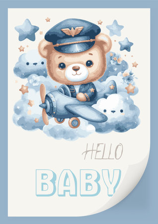 Watercolor invitation card for a baby shower with an illustration of a pilot bear on an airplane. Hello, children s inscription.のイラスト素材