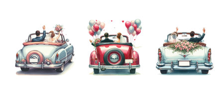 Retro wedding car, rear view, the newlyweds are sitting inside and waving their hands. Classic old car for vector illustration of weddings and invitations.のイラスト素材