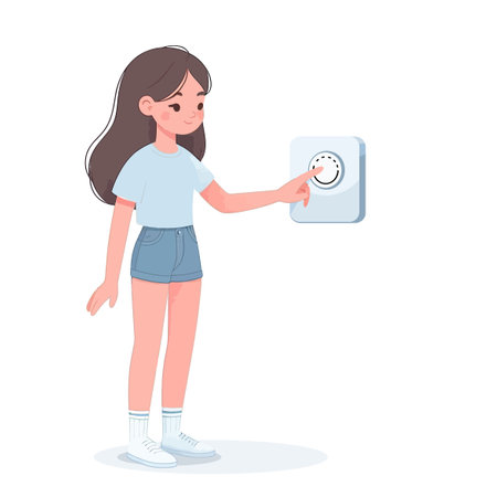 A full-length girl presses her finger on a touch thermostat, a minimalist cartoon style dimmer. The concept of using a smart home device. On a pure white background.のイラスト素材