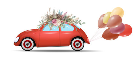 A red retro car with a bouquet of red helium balloons and festive flowers on a white background. Vector illustration.のイラスト素材