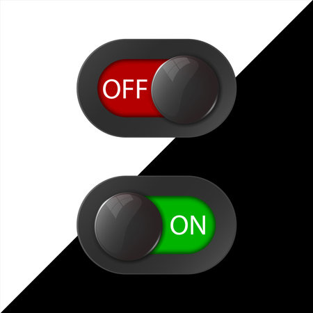 On Off switches, white with 3d effect, with red and green background, vector illustrationのイラスト素材