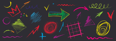 Arrow abstract brush line stroke color vector set. Kid color paint square, spiral, arrow element shape scribble line brush hand drawn sketch design.のイラスト素材
