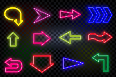 Neon arrows pointing in different directions, multi-colored, with a transparent effect.のイラスト素材