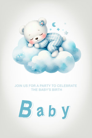 Little Teddy Bear Sleeping Hugging a Cloud. Birthday Invitationのイラスト素材