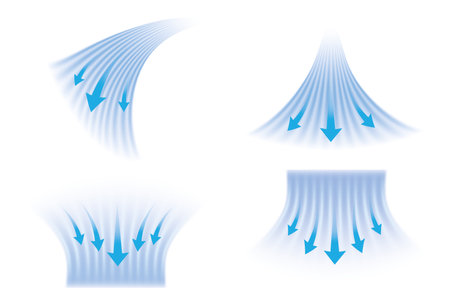 Set of cold airflow streams with arrow on white background. Illustration for air conditioning and heating systems.のイラスト素材