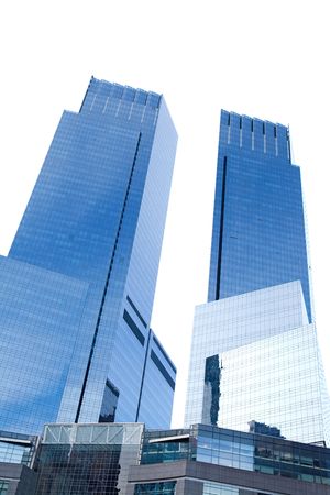 Two blue skyscrapers in New York on white background