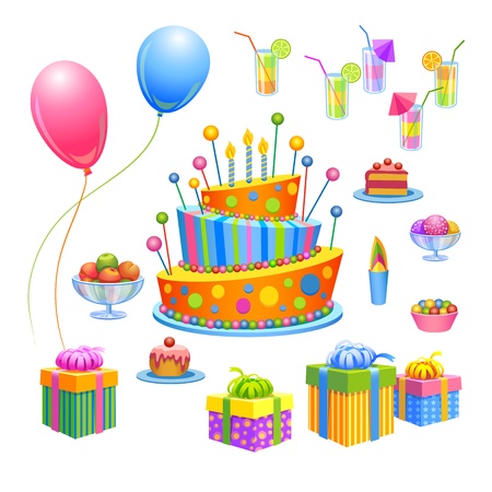 Set of birthday - pie, gifts, fruits, sweets, ice-cream, cocktails, balloonsのイラスト素材