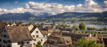 Rapperswi, Switzerland : View of Rapperswil from the castle walls. Roofs of the medieval old town of...