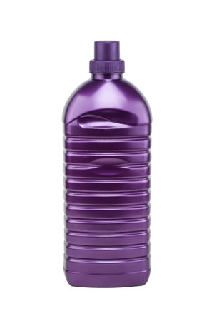 Purple plastic detergent bottles isolated on white backgroundの写真素材