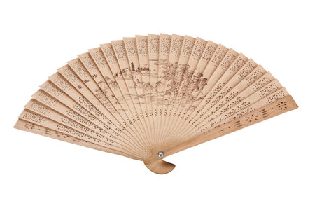 Wooden hand fan isolated on white backgroundの写真素材