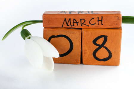 Concept of 8 martch with snowdrop, number and month. Women's  Dayの写真素材