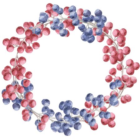 Round frame of twigs with red and blue berries.の写真素材