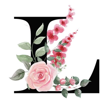 Capital letter L for text design, holiday cards, decor and design of text messages, wedding invitations. Letter on the background of delicate watercolor flowers - roses, leaves, buds, branches.の写真素材