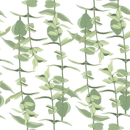 Seamless pattern with green leaves on a white background. Hand-drawn background. Floral pattern for wallpaper or fabric. A branch of tender leaves Botanical tiles.の写真素材