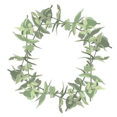 A delicate frame of leaves and branches drawn in digital graphics. Greeting card with illustration of leaves. Green leaves located on a white background.の写真素材