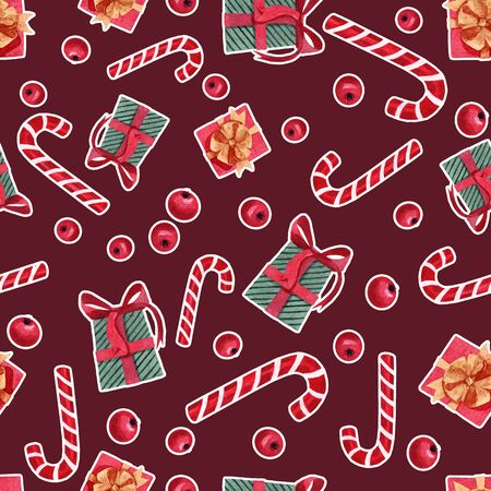 Hand-drawn watercolor background. Christmas seamless background with gifts and balls.の写真素材