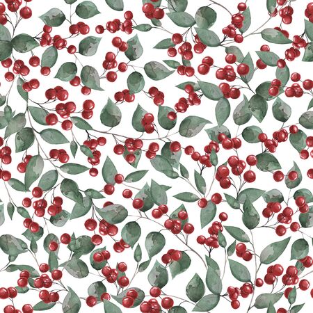 Seamless berry pattern. Watercolor pattern with red berries and green leaves for design, decor, postcards, textiles and print.の写真素材