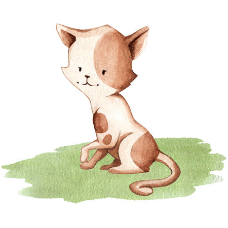 A cat sitting on the grass. Illustration in watercolor style is suitable for design, decor, clothing design, tertration, fabrics, utensils, things, etcの写真素材