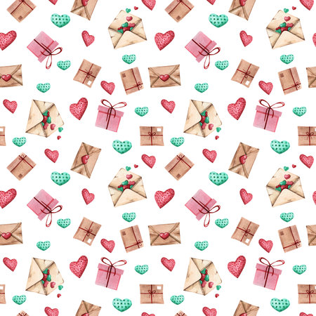Seamless pattern with beige envelopes, pink and green gifts, hearts on a white background in a watercolor style. Cute background for fabric, prints, textiles, books, paper, wrappers, etcの写真素材