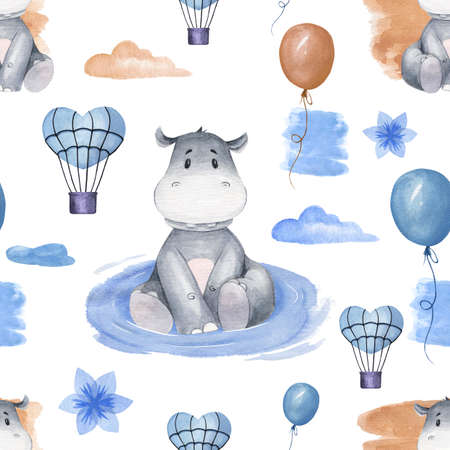 Seamless pattern with cute hippos sitting in the pond. Hand-drawn watercolor illustration in blue and beige color. Great for baby clothes, textiles, books, notebooks, postcards, paper, wallpaper, etcの写真素材