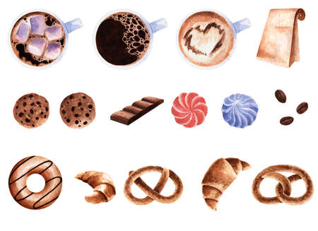 A set of coffee, sweets and pastries in a watercolor style. Great for bakery and coffee shop decorationの写真素材