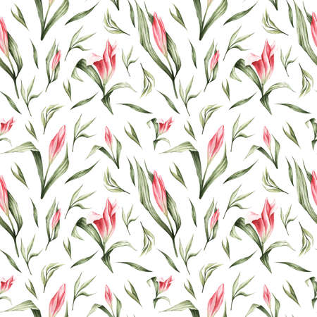 Seamless pattern with pink lilies, buds and green leaves. Spring texture hand-drawn with watercolor. Floral delicate pattern.の写真素材